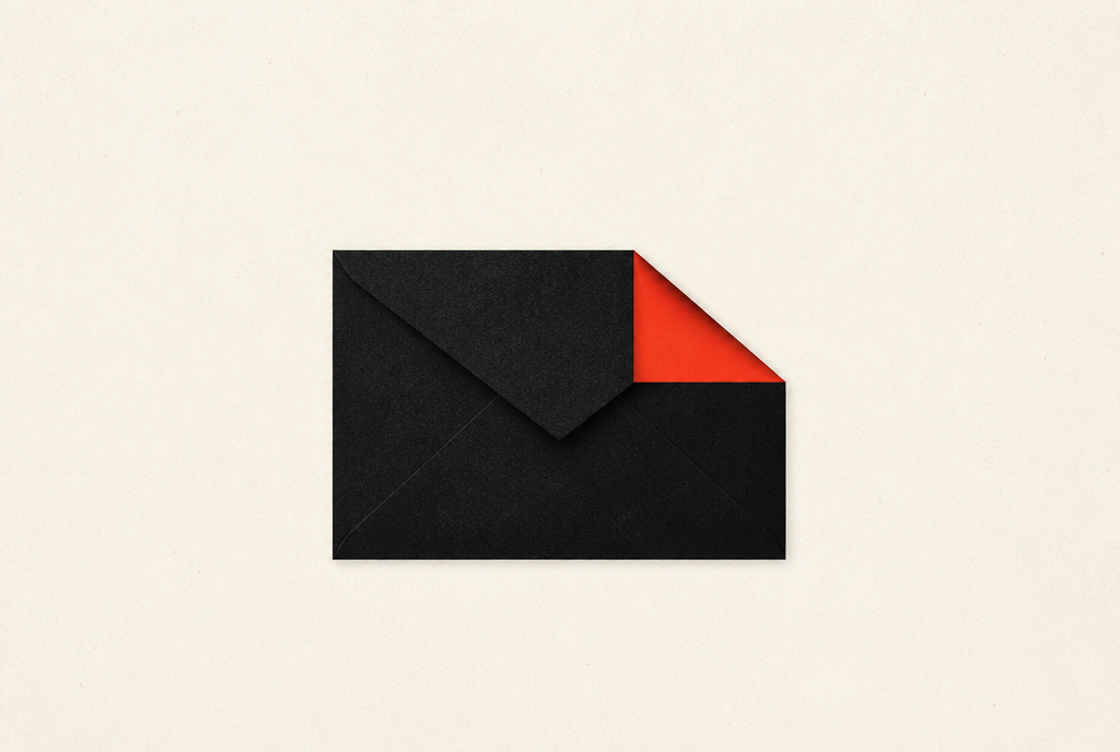 Flat editorial illustration: a black envelope with one corner folded back to reveal a solid red interior.