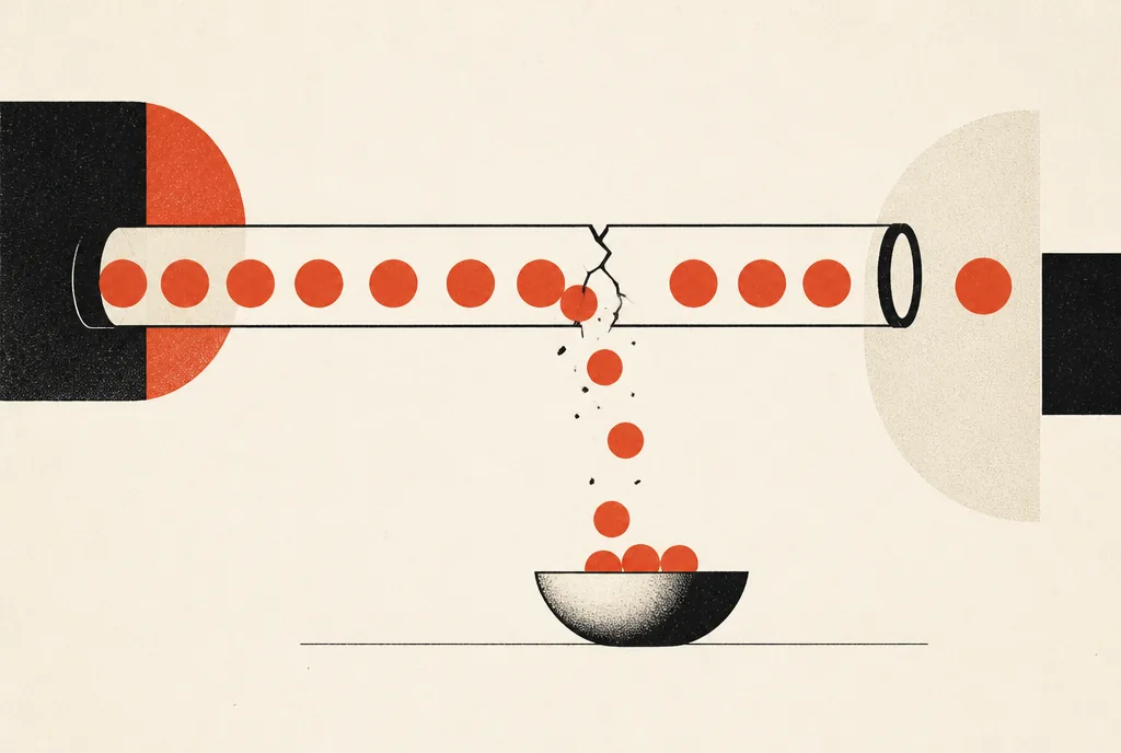 What to do when your CPA doubles but your click-through rate stays the same Flat editorial illustration: a pipe of red-orange spheres leaking through a crack before reaching a collection bowl.