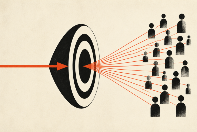 Flat editorial illustration: a black concentric-ring lens with a red arrow passing through its centre and fanning outward into many thin lines.