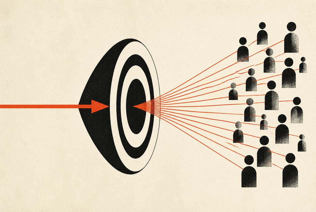 Flat editorial illustration: a black concentric-ring lens with a red arrow passing through its centre and fanning outward into many thin lines.
