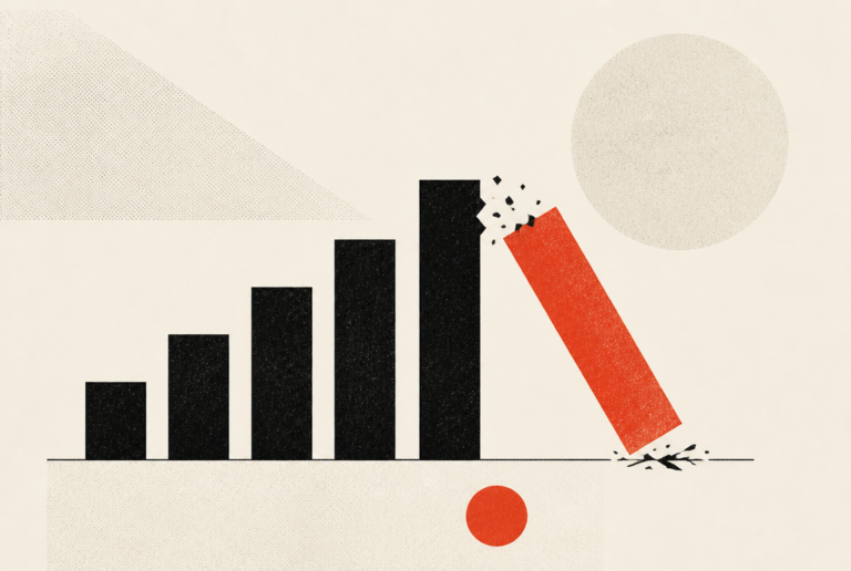 Flat editorial illustration of a rising black bar chart where the final bar, in signal red, snaps and topples over.