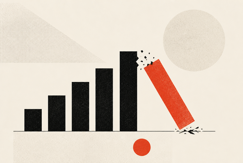 Flat editorial illustration of a rising black bar chart where the final bar, in signal red, snaps and topples over.