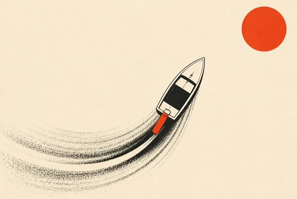 How to write the first two lines of a cold traffic ad Flat editorial illustration: a small boat from above, its red-orange rudder steering a sharply curving wake.
