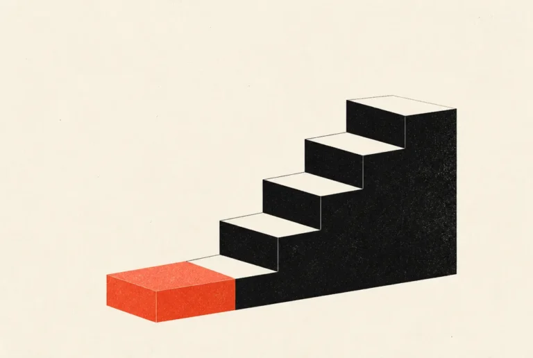 How to build a front end offer that does not cannibalize your backend Flat editorial illustration: a small red-orange step leading directly into a taller black staircase.