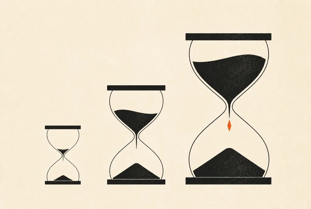 How long to leave a Facebook ad set running before you judge it Flat editorial illustration: three black hourglasses of rising size, the largest with a red-orange grain falling.