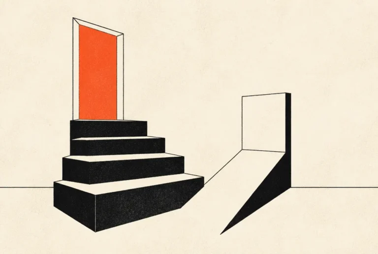 Why more steps in your funnel can raise conversions instead of lowering them Flat editorial illustration: black stairs rising to a red-orange doorway beside a shortcut ramp that ends at a wall.