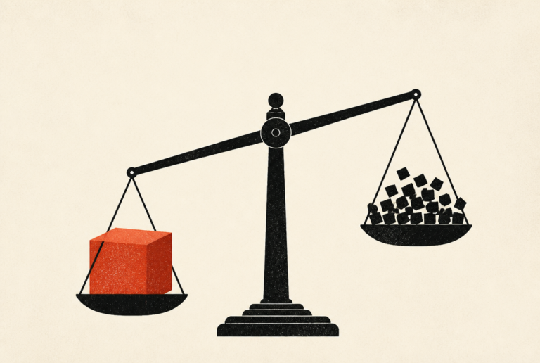 Flat editorial illustration: a balance scale with one solid red block outweighing many scattered small black squares.