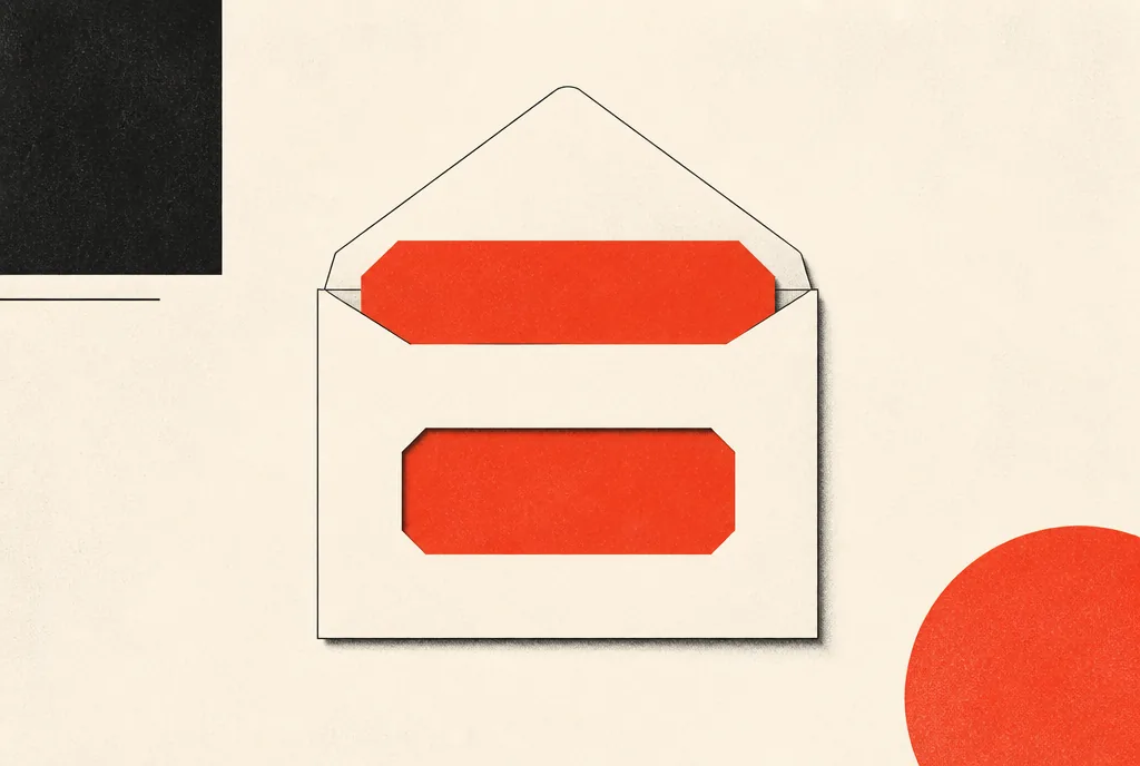 Flat editorial illustration: an envelope whose cut-out window matches the red-orange block waiting inside.