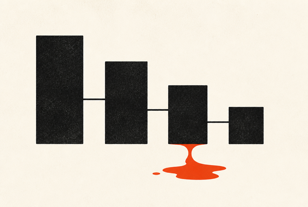 which-page-loses-the-money Flat editorial illustration: four descending black rectangles linked by thin lines, with red liquid leaking from beneath the third.