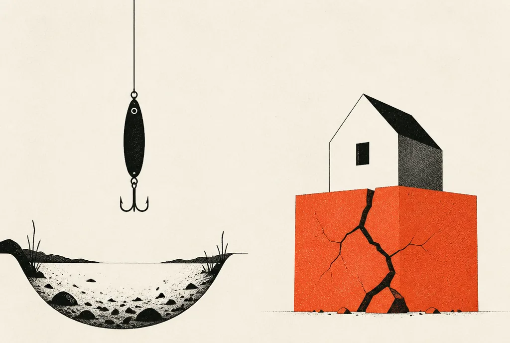 Flat editorial illustration: a lure over an empty patch of lake beside a cracked red-orange foundation block.