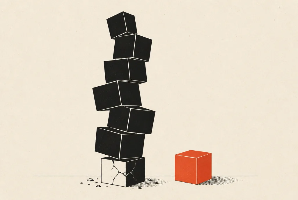 Flat editorial illustration: a wobbly stack of black boxes on a cracked base beside one steady red-orange box.