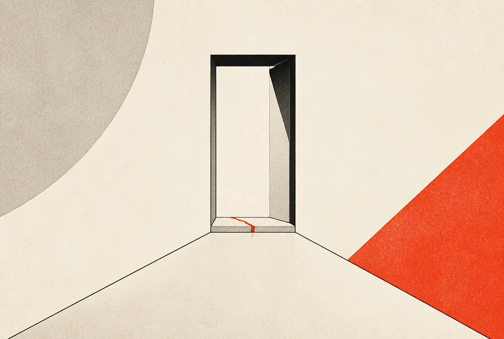 Flat editorial illustration: a smooth corridor ending at a doorway whose threshold has a red-orange crack.
