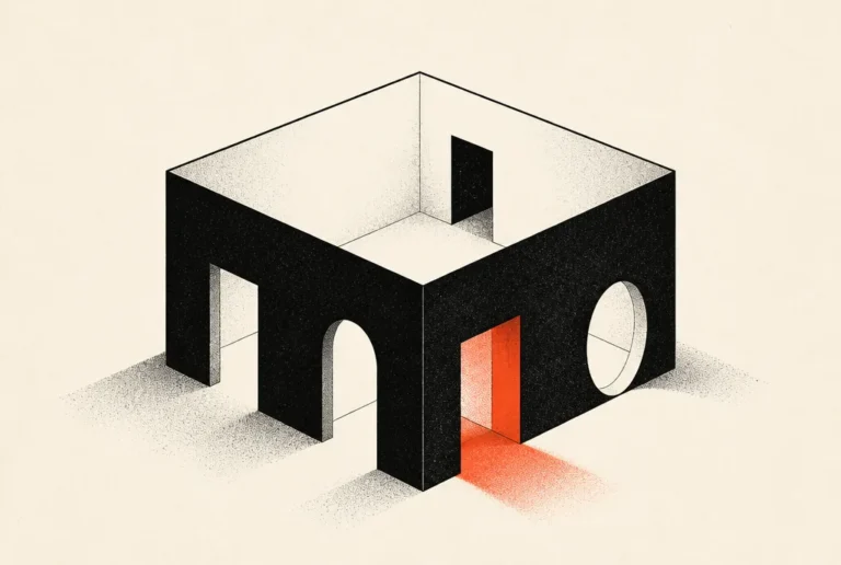 Flat editorial illustration: a black cube room with many doorways, one glowing red-orange, all opening into one space.