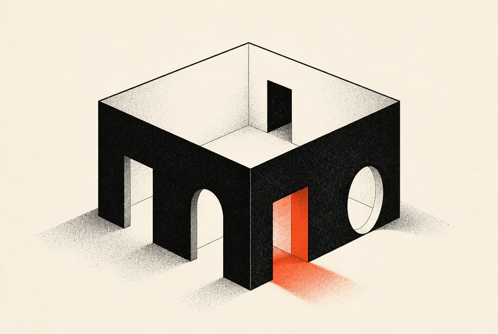 Flat editorial illustration: a black cube room with many doorways, one glowing red-orange, all opening into one space.