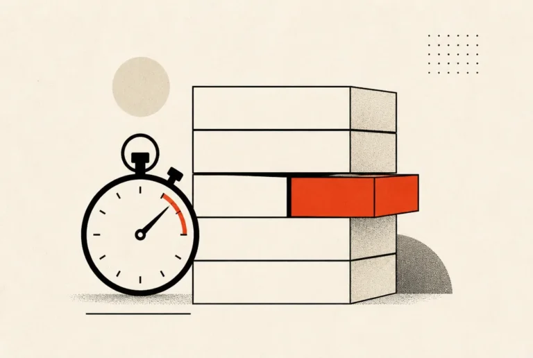 Flat editorial illustration: a stopwatch next to a stack of layers with one red-orange layer pulled out.