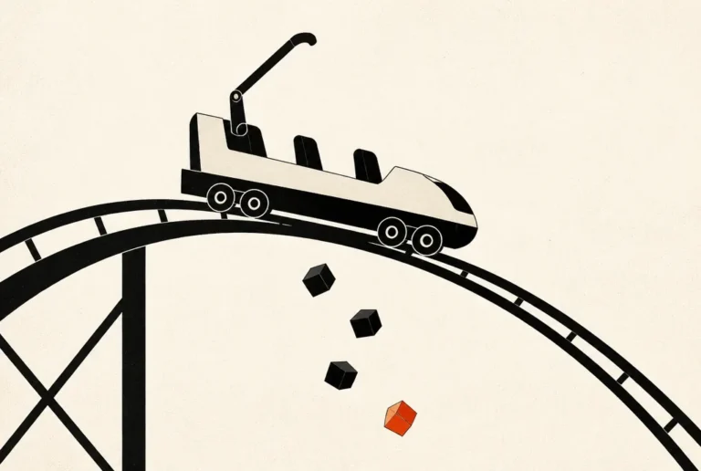 How to map the five constraints stopping someone from buying Flat editorial illustration: a coaster car's lap bar lifting as five small blocks fall away, one red-orange.
