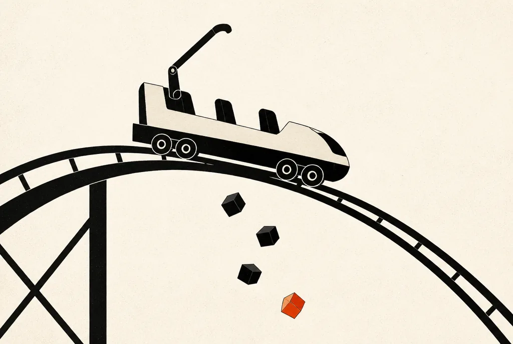 Flat editorial illustration: a coaster car's lap bar lifting as five small blocks fall away, one red-orange.