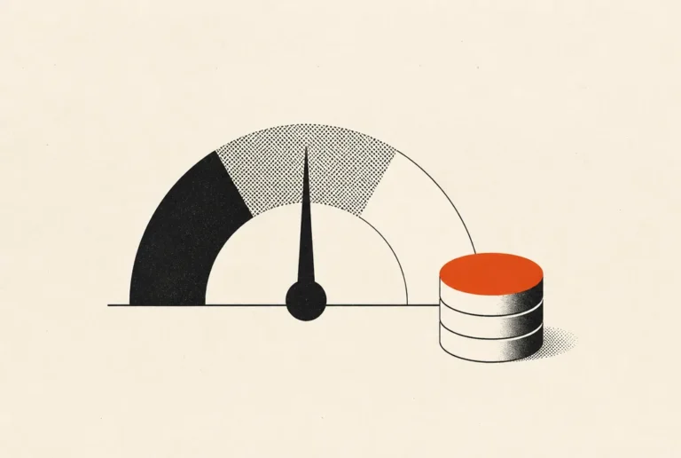 Flat editorial illustration: a gauge with its needle in the middle band beside a stack of three coins, one red-orange.