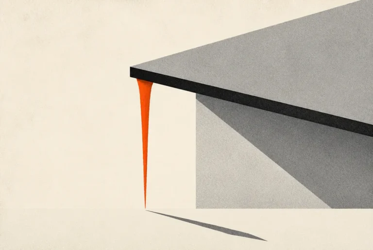 Flat editorial illustration: a plain gray roof edge with one long red-orange icicle and its sharp shadow.