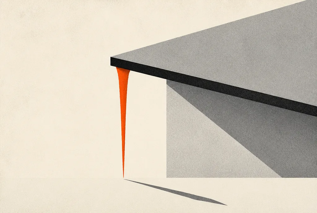 Flat editorial illustration: a plain gray roof edge with one long red-orange icicle and its sharp shadow.