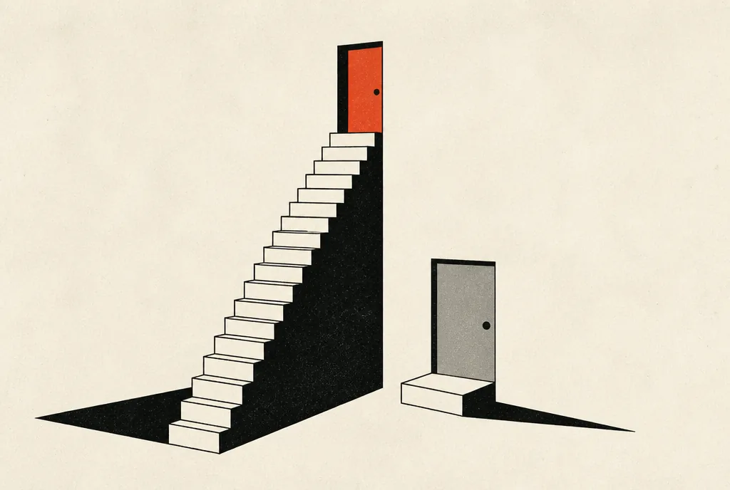 Flat editorial illustration: a tall block staircase to a red-orange door beside one short step to a closed gray door.