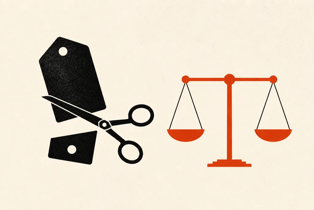 Flat editorial illustration: scissors trimming a black price tag beside a red-orange scale that stays level.