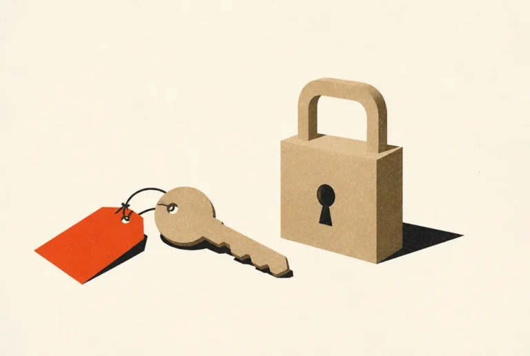 Flat editorial illustration: a simple key with a red-orange tag beside the matching lock it opens.