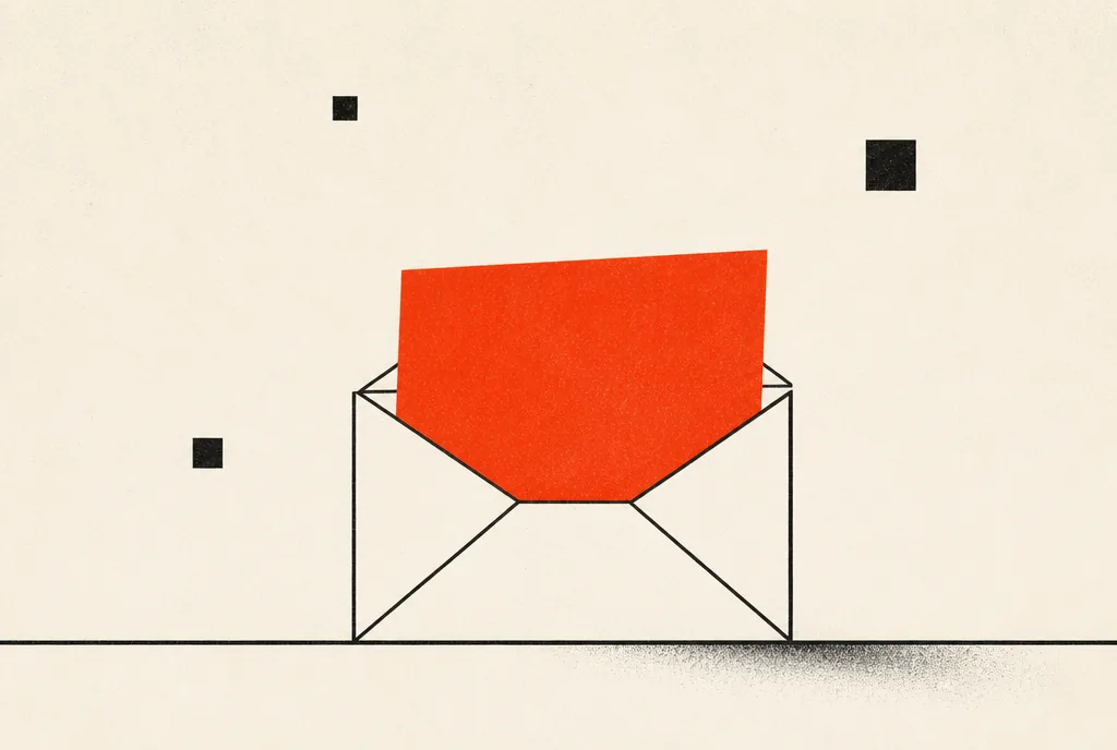 Flat editorial illustration: an open envelope with a red-orange sheet sliding out on a plain surface.