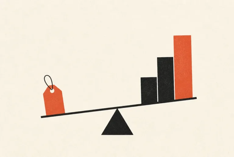 Flat editorial illustration: a small tag on a seesaw balanced by three stacked blocks, the tallest one red-orange.