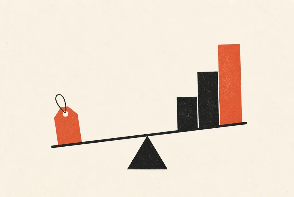 Flat editorial illustration: a small tag on a seesaw balanced by three stacked blocks, the tallest one red-orange.