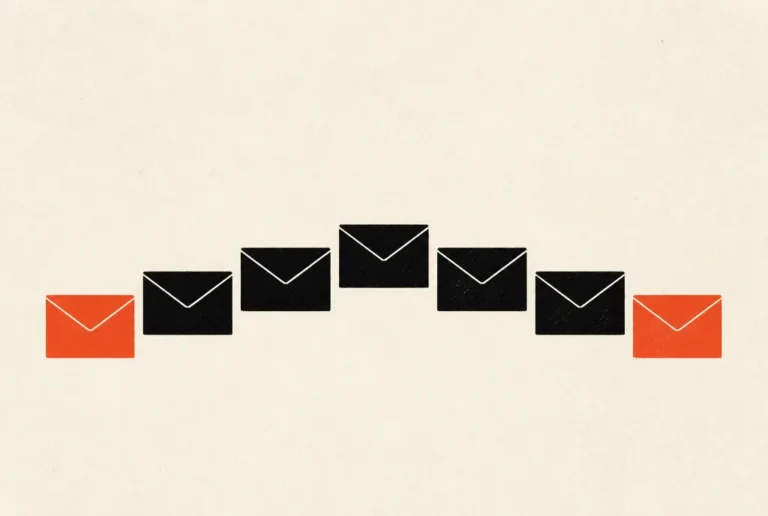 Flat editorial illustration: a row of seven envelopes, five black ones rising like a wave between two red-orange ones.
