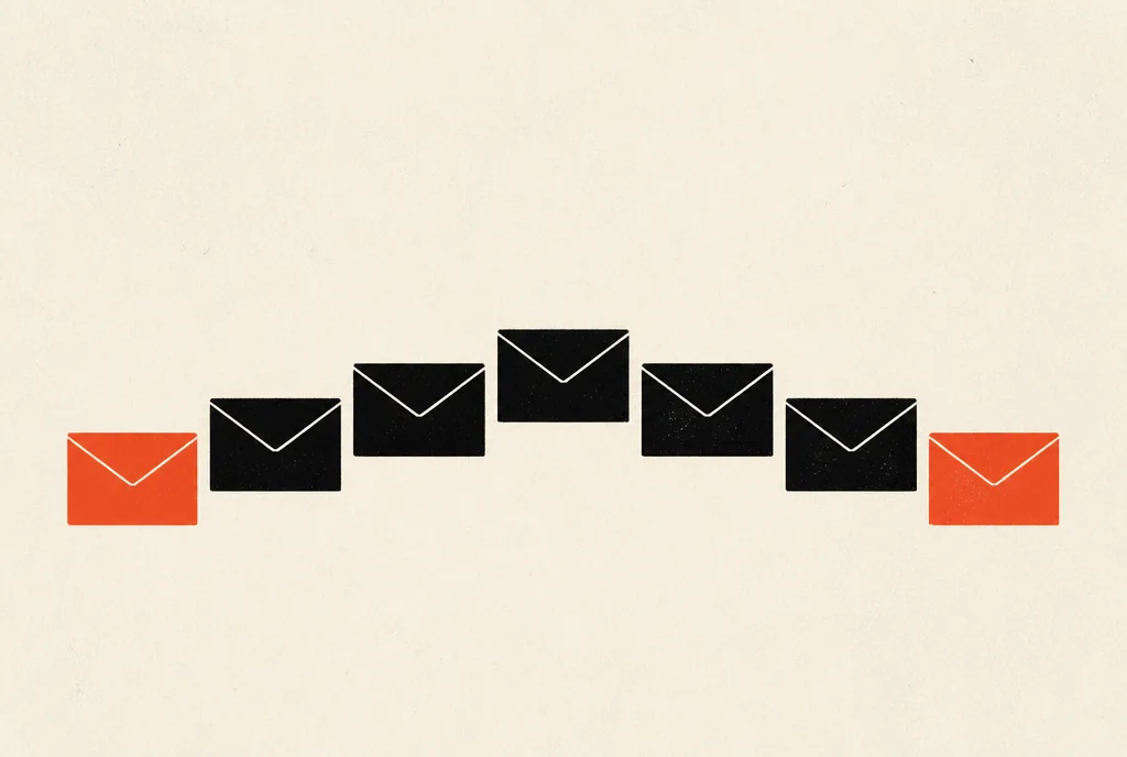Flat editorial illustration: a row of seven envelopes, five black ones rising like a wave between two red-orange ones.