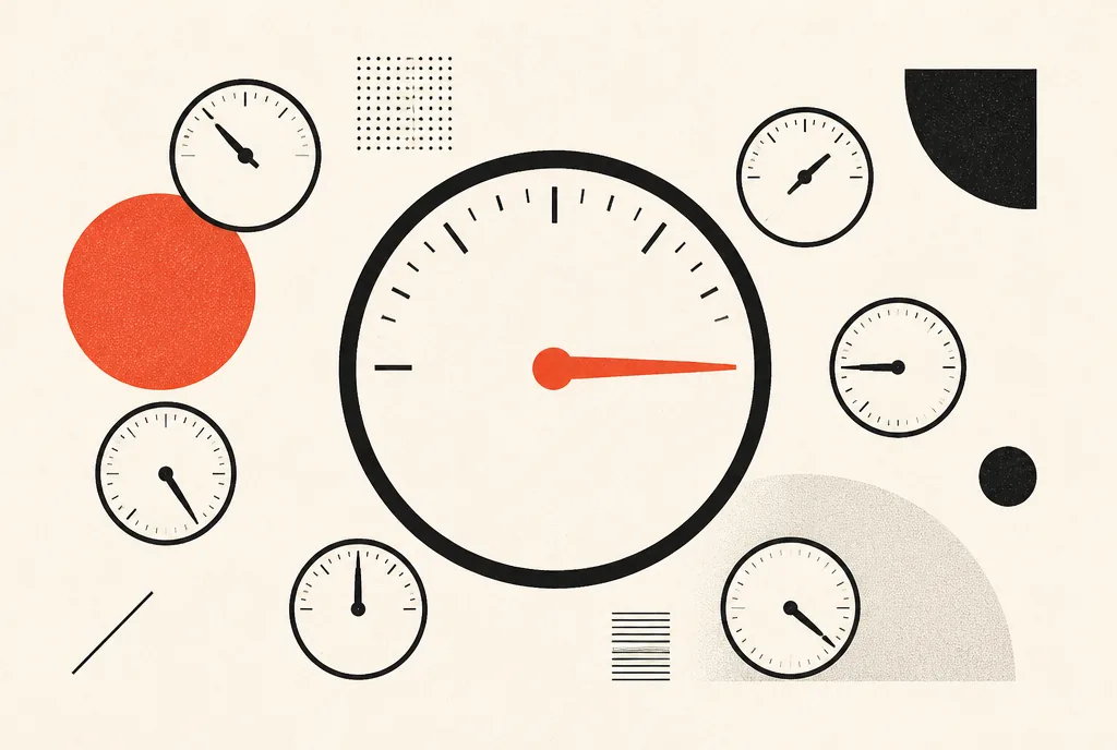How to read a Facebook ads report when every metric contradicts the others Flat editorial illustration: small gauges pointing different ways around one large gauge with a steady red-orange needle.