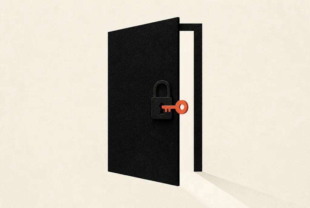 Flat editorial illustration: a black padlocked door opened a crack by a red-orange key.