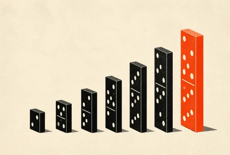 How to sequence a sales page so belief builds before the price appears Flat editorial illustration: black dominoes rising in height toward a final tall red-orange domino.