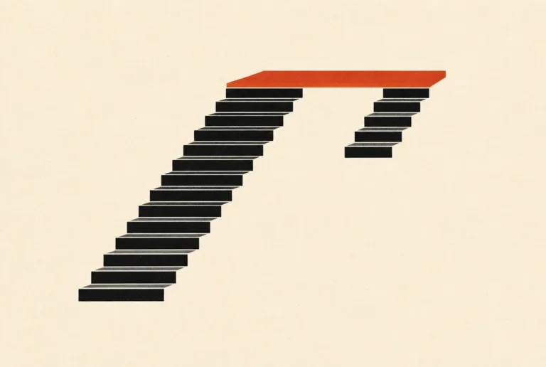 Flat editorial illustration: a long staircase and a short one with lower steps missing, both reaching one red-orange landing.