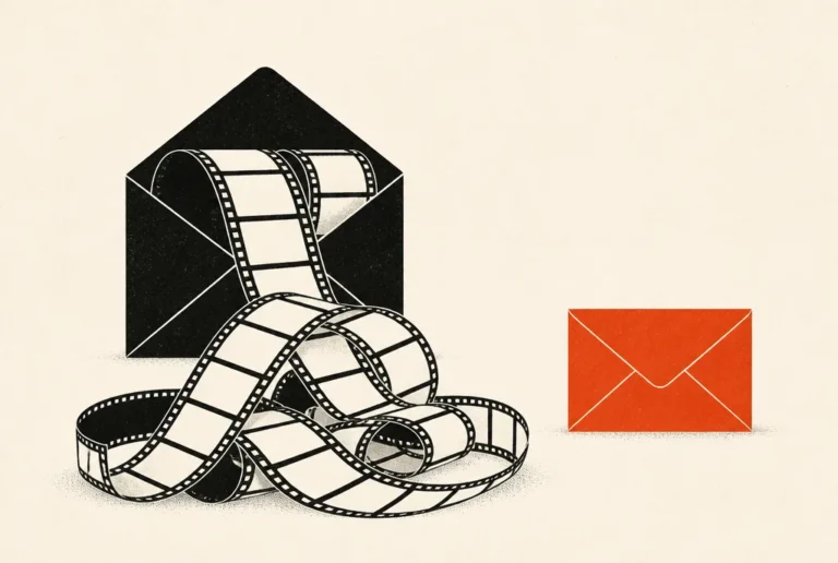 Flat editorial illustration: a black envelope spilling a tangled film strip beside a neat red-orange envelope.