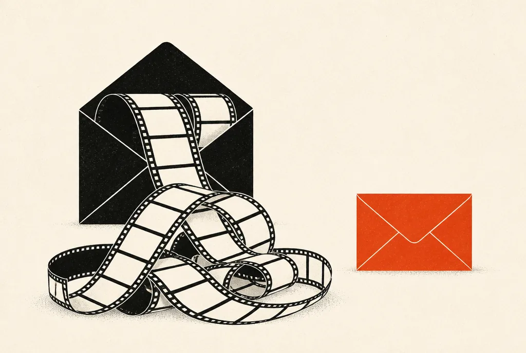 Flat editorial illustration: a black envelope spilling a tangled film strip beside a neat red-orange envelope.