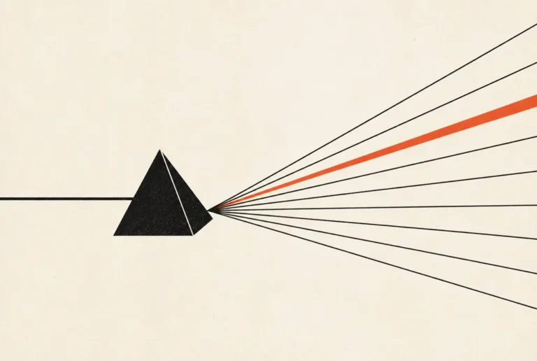 Flat editorial illustration: a black prism splitting one beam into ten rays, one red-orange ray brighter.