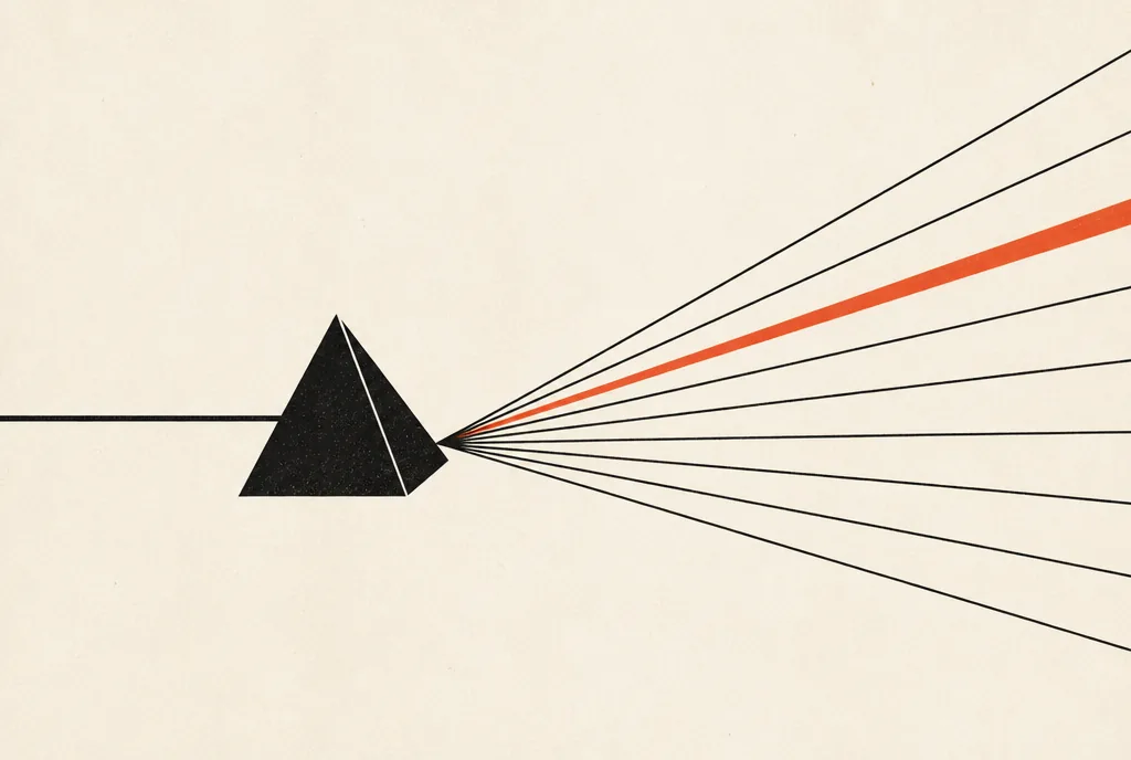 How to get ten genuinely different ad concepts from one offer Flat editorial illustration: a black prism splitting one beam into ten rays, one red-orange ray brighter.