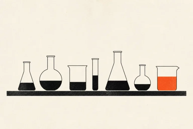 Flat editorial illustration: a row of small beakers with dark liquid and one beaker glowing red-orange.