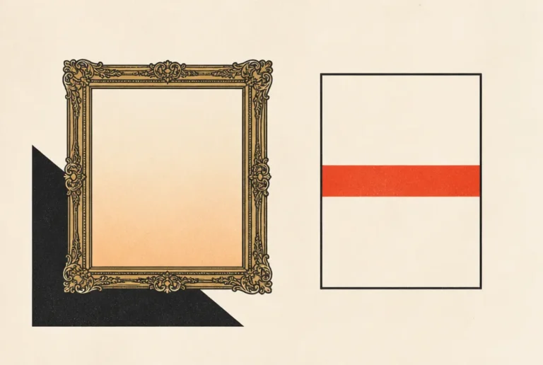 Flat editorial illustration: an ornate frame around an empty gradient beside a plain frame with a red-orange bar.
