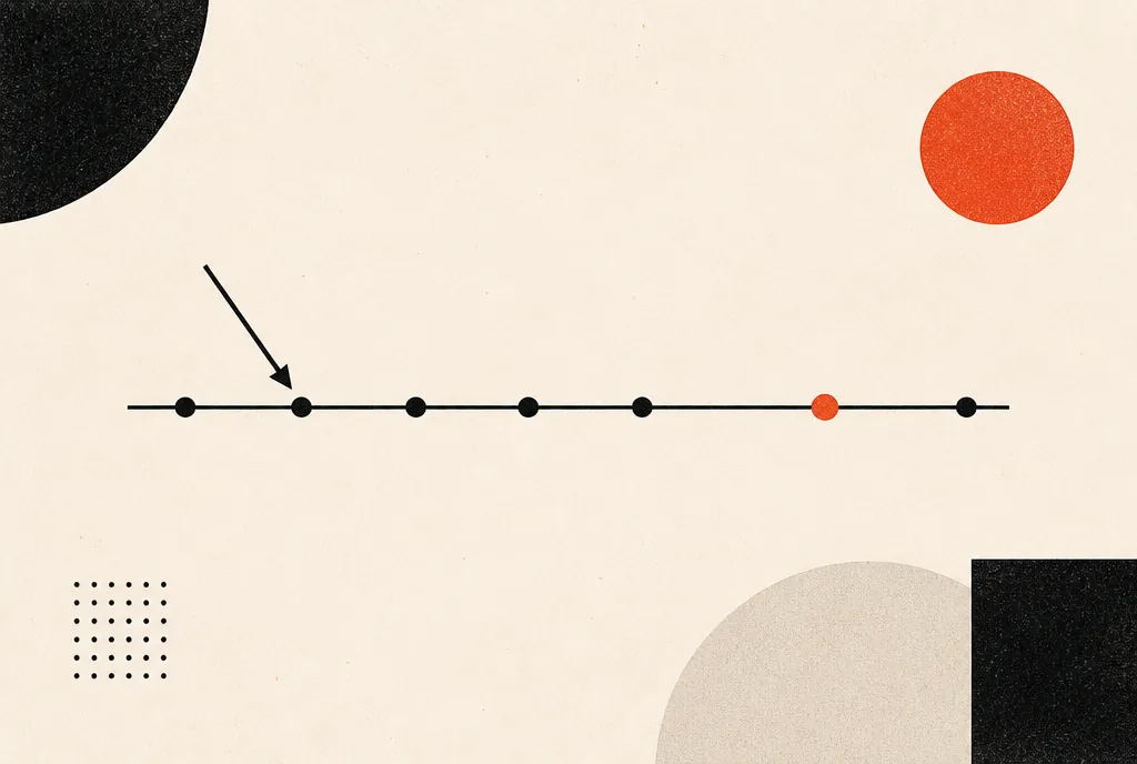 Flat editorial illustration: a timeline of black markers with an arrow aimed early and one red-orange marker further along.