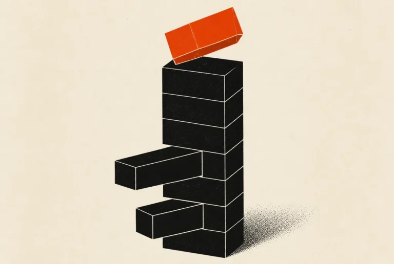 Flat editorial illustration: a block stack with lower blocks removed and a red-orange top block toppling.