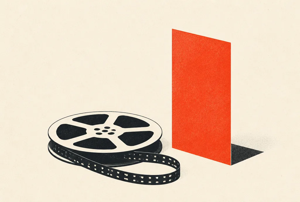 Flat editorial illustration: an unspooled dark film reel next to a taller upright red-orange card.
