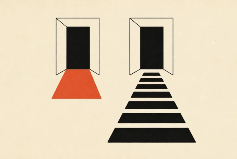 Flat editorial illustration: two identical doorways, one reached by a short red-orange path, one by long black stepping stones.