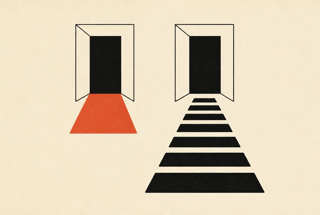 Why warm and cold traffic convert so differently on the same page Flat editorial illustration: two identical doorways, one reached by a short red-orange path, one by long black stepping stones.