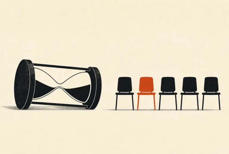 Flat editorial illustration: a sideways hourglass beside a row of five chairs, one of them red-orange.