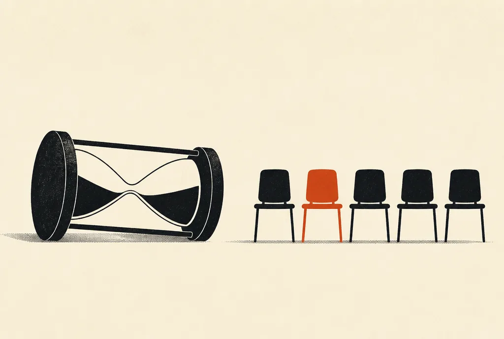 How to run a webinar that sells without a fake countdown timer Flat editorial illustration: a sideways hourglass beside a row of five chairs, one of them red-orange.