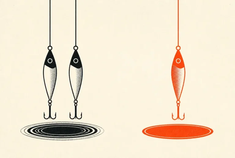Why duplicating a winning ad set almost never works Flat editorial illustration: two identical lures over one ripple, a red-orange lure over a separate calm patch.